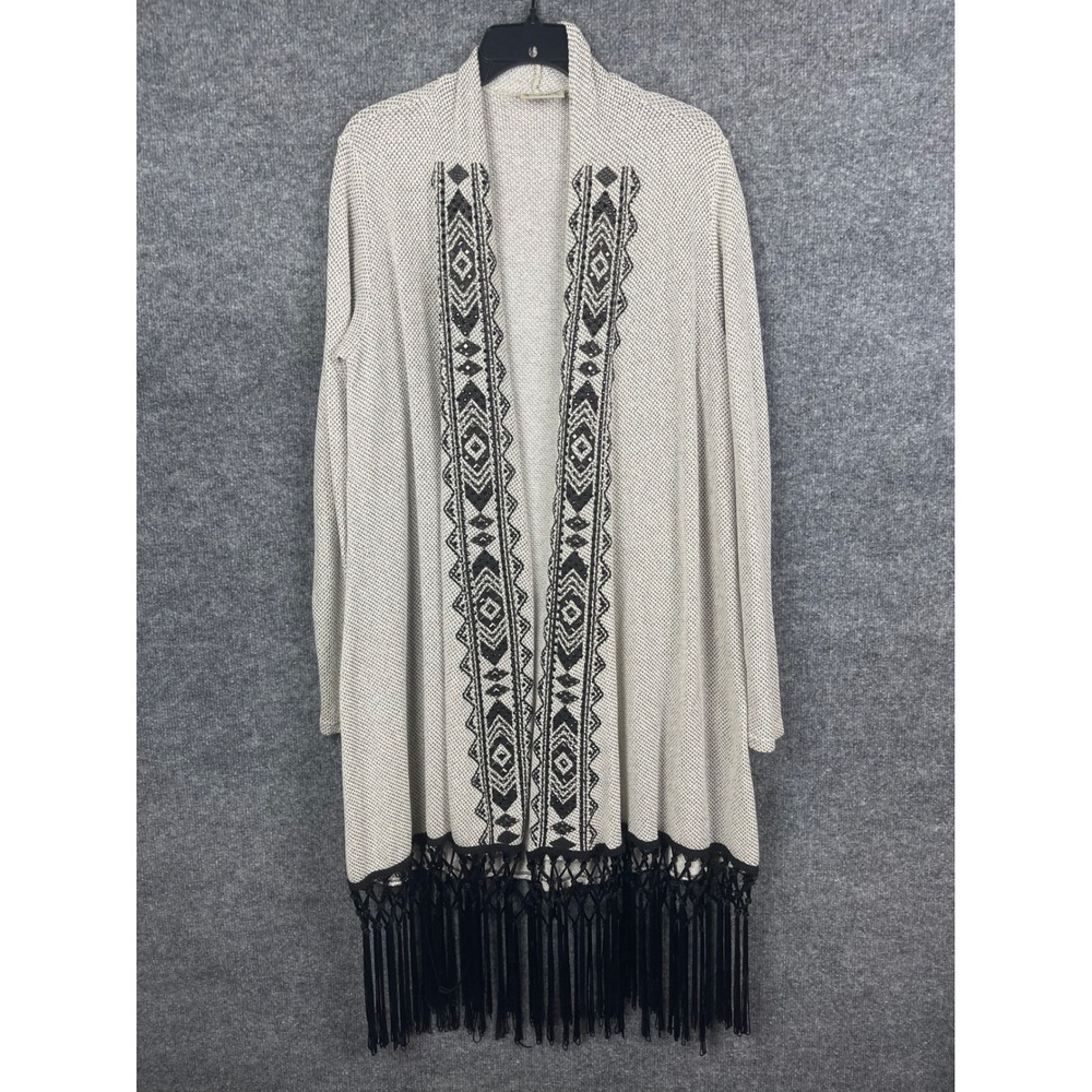 Vocal Cardigan Duster‎ Womens L Cream Black Excellent Fringe Southwestern Sequin